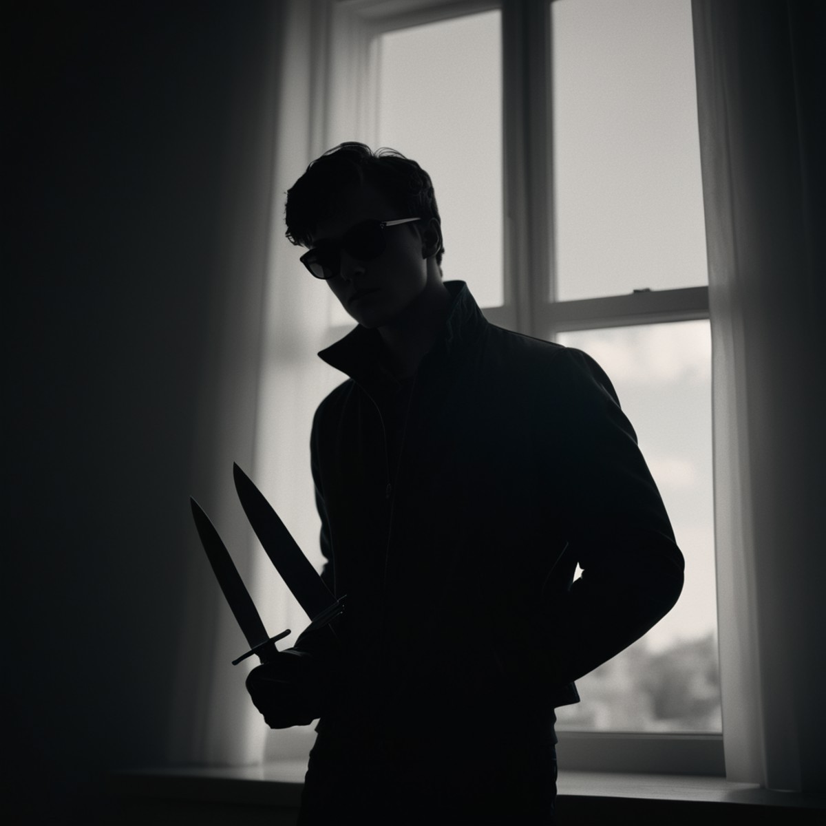 cinematic film still of  <lora:silhouette style:1>
A silhouette photo of a man holding a knife in front of a window,solo,g...