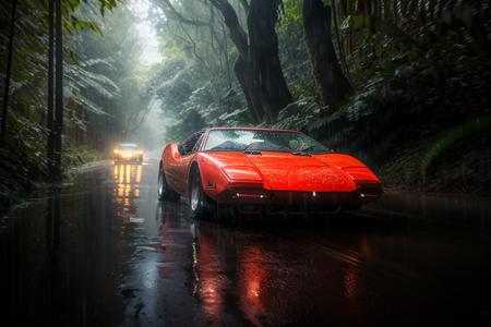 analog gloomy photo of a red Pantera car,  <lora:p4nt3r4:1>, driving through the jungle (at night), ((heavy rain)), ((nighttime)), helicopter chase, High Detail, Sharp focus, (photorealism), realistic, best quality, 8k, award winning, dramatic lighting, epic, cinematic, masterpiece, rim light, ambient fog:1.2, summertime, heat distortion, black birds, epic, dutch angle, wide angle lens