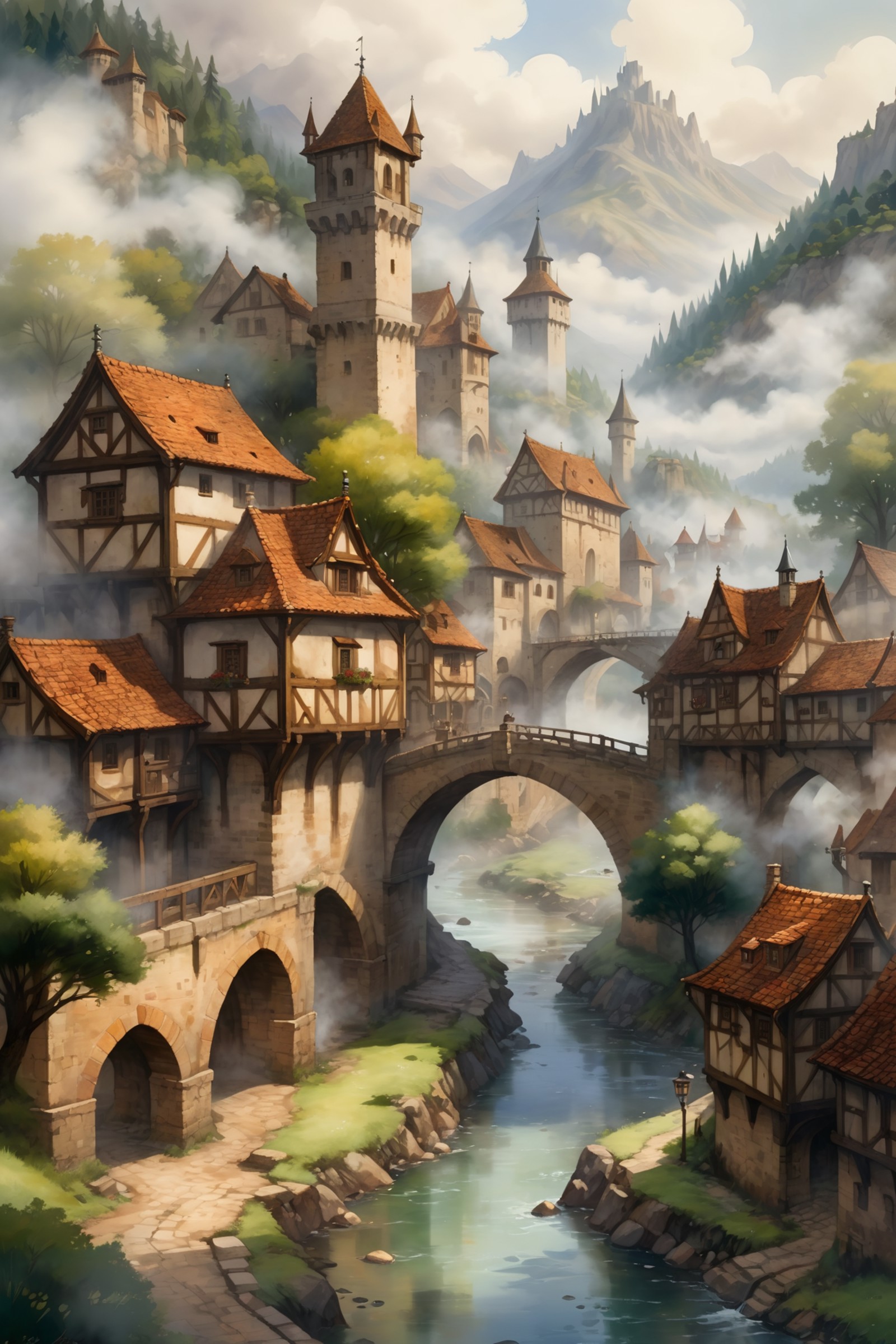 <lora:Retro_Illustration:1> 2d game scene, oil and watercolor painting, scenery, mediaeval town, river, bridges, steam, fo...