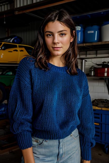 masterpiece, best quality, detailed face <lora:Monica1873Barbaro:1> a woman, 1girl, solo, m1873b,  wearing blue jumper in garage