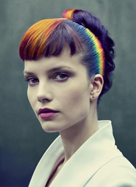 portrait of sks woman by Flora Borsi, style by Flora Borsi, bold, bright colours, rainbow Mohawk haircut, ((Flora Borsi)), <lora:locon_sylviahoeks_v1_from_v1_64_32:1.25>