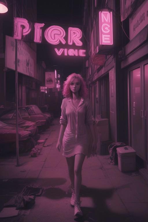 ((masterpiece, MTV CARTOON)), dramatic lighting, a ground view of a cute girl, disheveled hair, tired and wearing rags, glamorous city, pink noir, neon lights, tigers