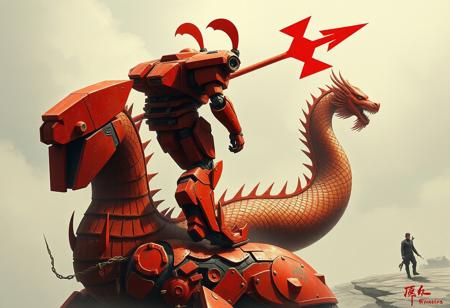 Create a highly detailed, hyper-realistic painting of a full-body red mech standing on a Dragon Treasure, with a man walking in the background. The mech should be designed with correct proportions and have a Spartan aesthetic. Incorporate a curved red arrow and a flat, Raku-inspired painting effect. The style should be reminiscent of Cam Sykes and Kentaro Miura. The image should be in 8K high resolution, with sharp focus and micro-details. The overall mood should be dramatic and surreal. Include front and back views of the mech. The art piece should be of high quality, trending on Artstation, and suitable for a beginner artist.