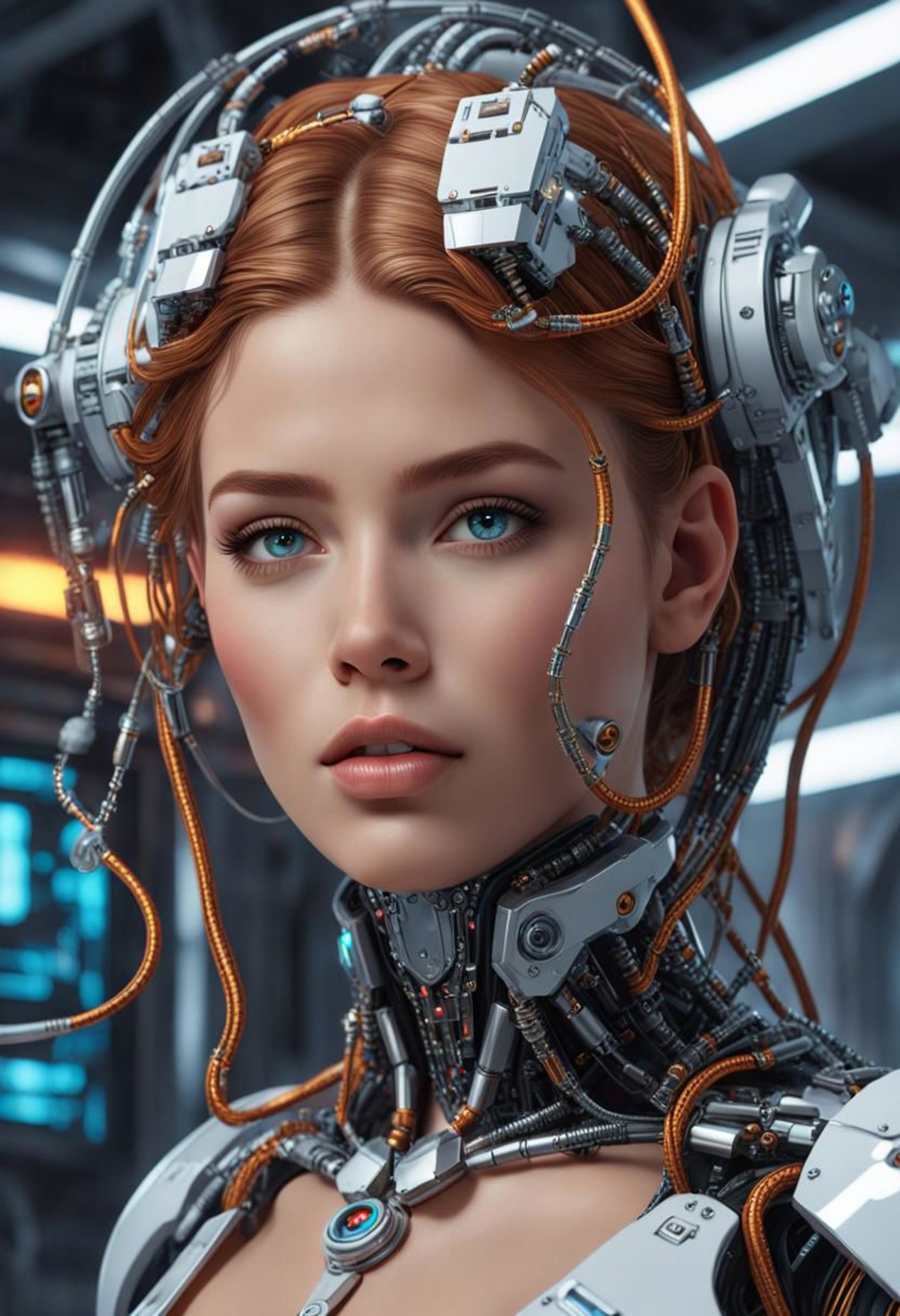 very beautiful cyborg princess in a retrofuturistic world, 
cable, 
screws, 
microchip, 
shiny, 
breathless cute beauty, 
...