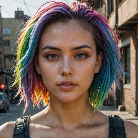epic realistic, DV_Karah_Vicious, cyberpunk lanscape, ultra realistic, cinematic lighting, ultra detailed, detailed gorgeous face, beautiful girl, olive skin, medium length rainbow hair, simetric face, good anatomy, deusamelada, (Masterpiece:1. 3), (best quality:1. 3), <lora:add_detail:0. 4> <lora:epi_noiseoffset2:0. 4> <lora:hairdetailer:0. 6> <lora:more_details:0. 3> <lora:add-detail-xl:1. 2> <lora:DetailedEyes_V3:1. 2> <lora:sd_xl_offset_example-lora_1. 0:1. 2>, (natural skin texture, hyperrealism, soft light, muted colors), background, rutkowski, rim light
