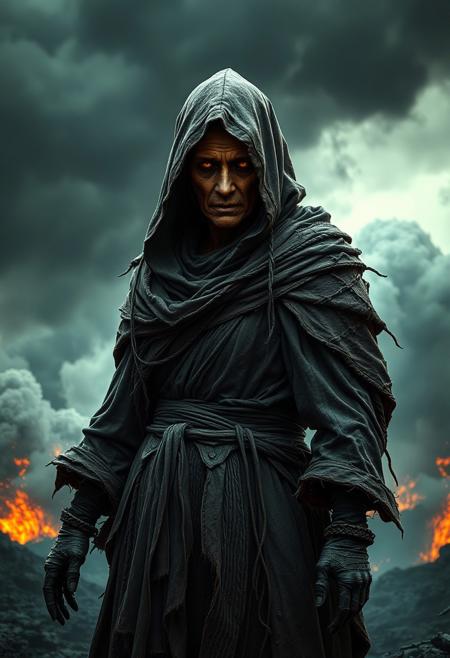 A wizened, ashen sorceress cloaked in ragged, soot-stained robes, standing defiantly against a fiery, apocalyptic backdrop. Her hood conceals a face etched with age and fury, eyes glowing faintly like embers. In full combat mode, her form appears more skeletal and smoke-wreathed, as if her body is held together by sheer will and dark magic. Her robes flutter like burnt paper in the heat, and her aura radiates ancient wrath. The sky behind her churns with volcanic ash and flame, casting her in stark silhouette. Cinematic fantasy concept art, ultra-detailed, with dramatic lighting and a sense of unstoppable arcane force.