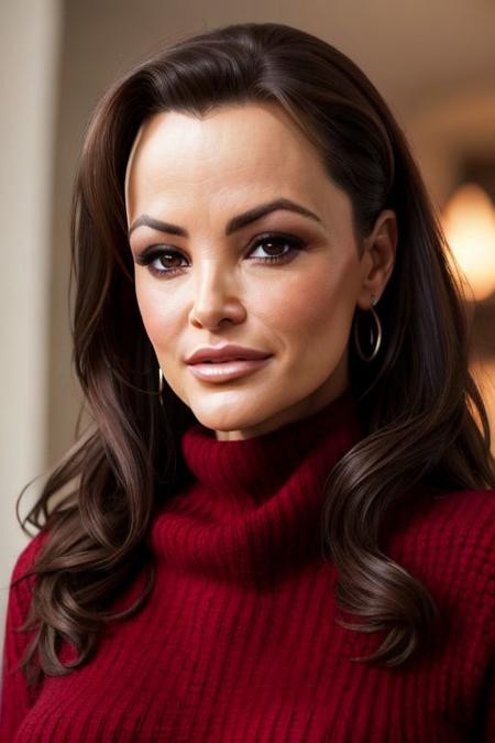 Close up Portrait, (Koh_LisaAnn:0.99), serious face, wearing red turtleneck sweater, in a coffeeshop, winter, window, coffee, intricate detail, dim lighting, detailed background, subsurface scattering, Nikon D850 film stock photograph Kodak Portra 400 camera f1.6 lens, rich colors, lifelike texture, dramatic lighting, unreal engine, trending on ArtStation, cinestill 800 tungsten, (modest clothing:1.1)