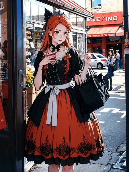 (cowboy shot), (masterpiece), (best quality:1.0), (ultra highres:1.0), highly detailed face and eyes, 
BREAK
 <lora:Etie_1024:0.8> etie, on phone, texting
<lora:lolitaFashionDress_gothic_style2, lolita_dress:0.4> lolita_dress
BREAK
crowd, storefront,