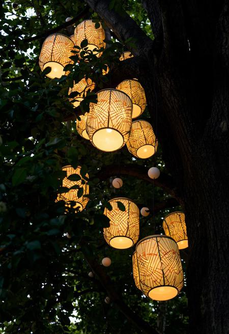 A low-angle shot captures a cluster of illuminated, geometric paper lanterns hanging from the sturdy branches of a mature tree. The lanterns are primarily cylindrical with rounded tops and bottoms, featuring a repeating pattern of radiating lines in warm orange and white hues. The light emanating from within casts a soft glow on their surfaces, highlighting the texture of the paper and the intricate design. Some lanterns appear partially obscured by the dense green foliage of the tree, creating a sense of depth and layering within the frame. The leaves are varied in shape and size, suggesting different types of foliage intertwined. A few smaller, spherical white lights are also visible, strung along a dark cord that weaves through the branches alongside the lanterns. The bark of the tree is rough and textured, with visible knots and variations in color. The overall lighting suggests either dusk or dawn, with a soft, natural light filtering through the leaves and illuminating the scene. The focus is sharpest on the central lanterns, gradually softening towards the edges of the frame, drawing the viewer's eye to the illuminated focal point. The scene evokes a feeling of warmth, tranquility, and perhaps a festive or decorative outdoor setting.