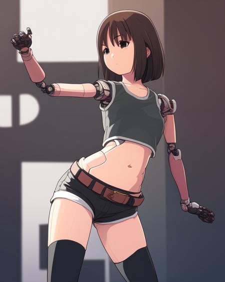 <lora:Sukabu:0.8>
1girl, solo,  android, robot joints, mechanical parts,  crop top, short shorts, thighhighs, belt