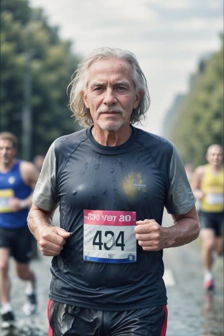 cinematic photo elderly happy hippie man (muscular athletic:1.2), beard, moustache, (wet  very long  messy hair:1.3), sweat stains, marathon race, vintage Olympics dress, winning, simple background     . 35mm photograph, film, bokeh, professional, 4k, highly detailed