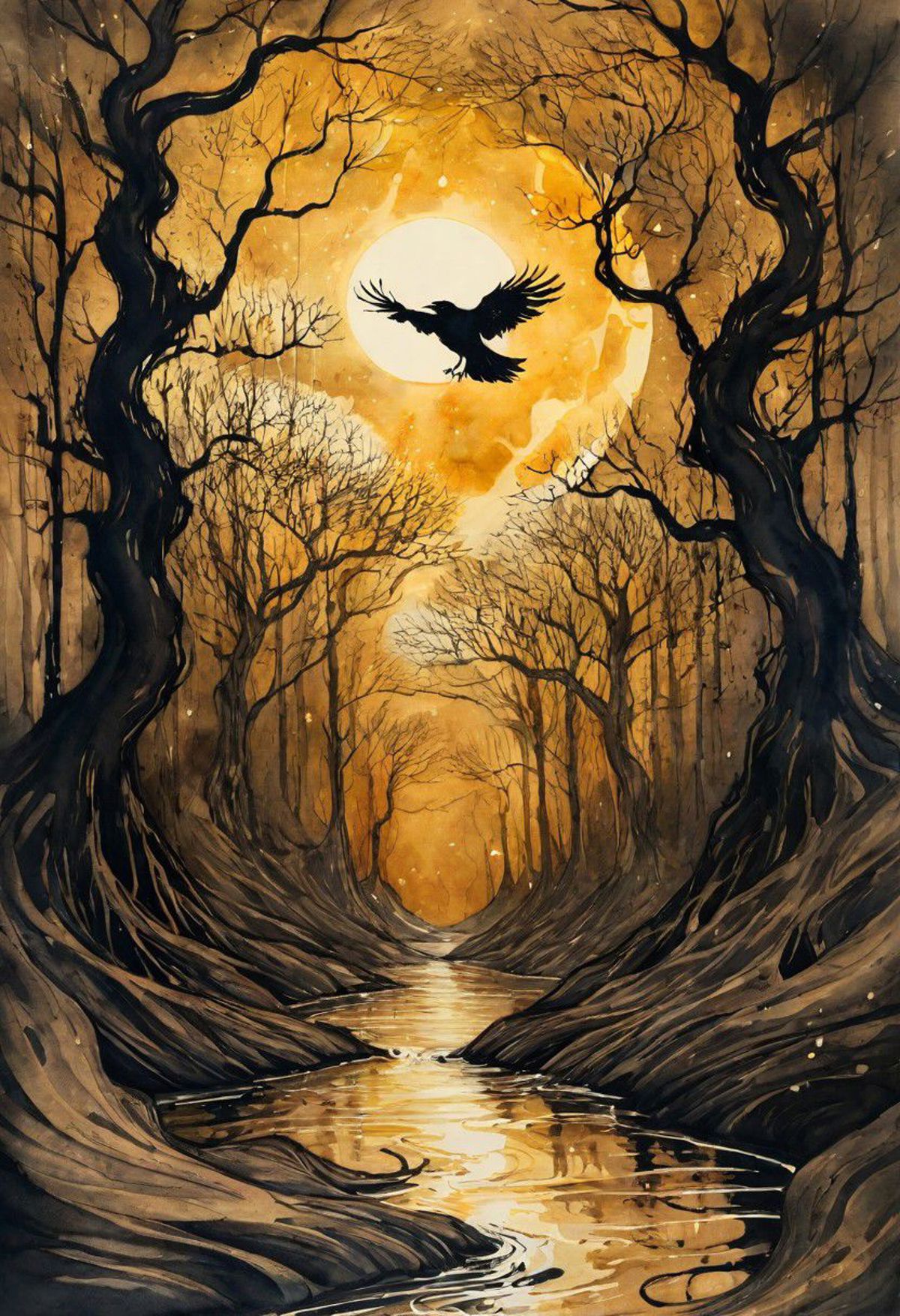 A painting of a forest with a moonlit night, a bird flying in front, and a river in the middle.
