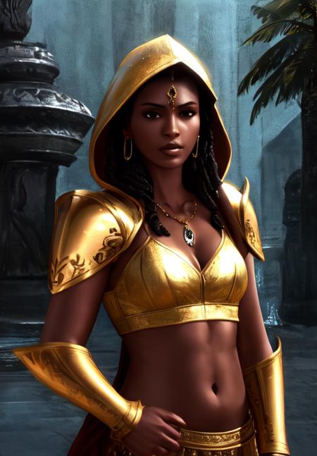 a woman, <lora:Redguard-Female:0.8>, Redguard-Female, 1girl, solo, long hair, navel, cleavage, upper body, earrings, parted lips, hood, piercing, shoulder armor, armlet, pauldrons, realistic, facial tattoo, very dark skin, dreadlocks, (masterpiece, best quality, absurdres, detailed, ultra-detailed:1.3), gorgeous