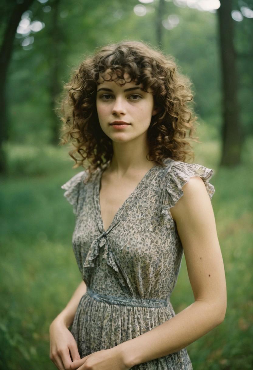 Analog photo portrait, taken with a vintage film camera, of Emily, a petite woman in her late twenties. She has curly brown hair and is wearing a flowy dress. The photo has a soft focus and warm tones, giving it a nostalgic feel. Captured by renowned photographer Sally Mann or Annie Leibovitz or Nan Goldin or Cindy Sherman.