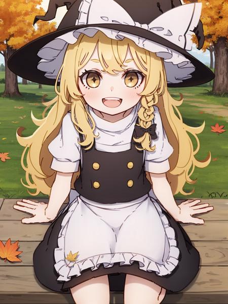 kamepan, 1girl, (kirisame marisa:1.2), cowboy shot, happy, smile, sitting, from above,  autumn, falling yellow leaves, park with trees