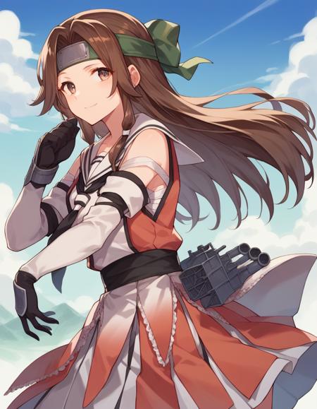 jintsuu_\(kancolle\),  brown_hair, long_hair, brown_eyes, hair_intakes, gloves, headband, school_uniform, elbow_gloves, serafuku,skirt, forehead_protector, 