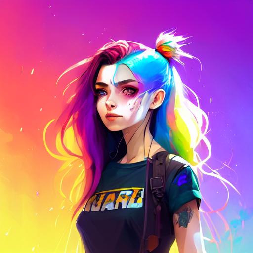 dreamlikeart, a grungy woman with rainbow hair, travelling between dimensions, dynamic pose, happy, soft eyes and narrow c...