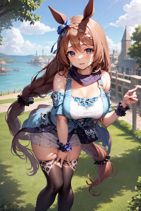 masterpiece, best quality,
super creek \(umamusume\),
full body, standing, leaning forward,
blue scarf, detached sleeves, bare shoulders, o-ring, clothing cutout, wrist cuffs, scrunchie, strap between breasts, handbag, shoulder bag, blue dress, white skirt, zettai ryouiki, thigh boots,
<lora:super_creek_locon:0.7>