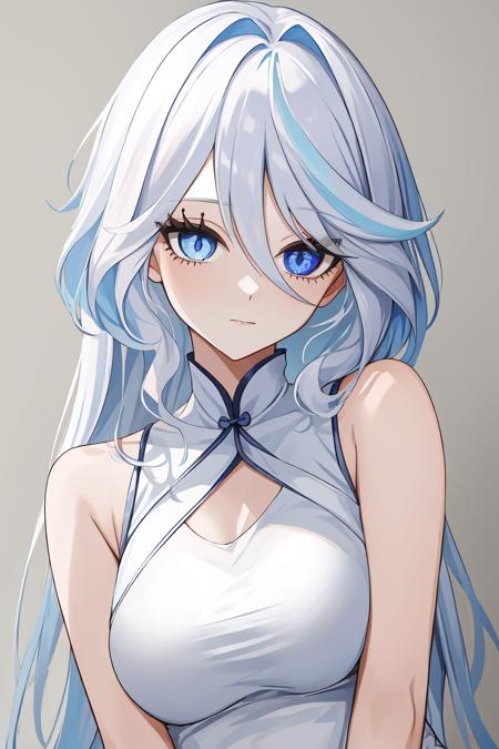 Furina,1girl,solo,long hair,blue eyes,white hair,(chinese dress:1.1),heterochromia,detailed eyes,<lora:furina-000015:0.8>,(sleeveless:1.2),, 1girl,
,  (masterpiece,best quality:1.2),absurdres