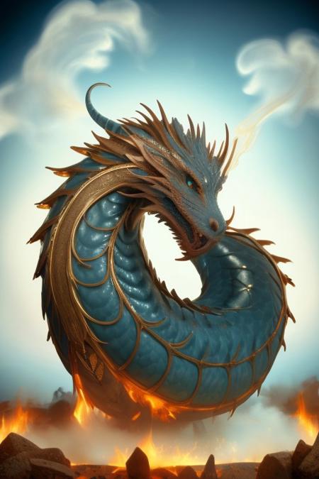 a porcelain dragon sculpted in the form of an ancient Greek statue, adorned with intricate blue floral patterns, steam curling from its nostrils as if brewing an eternal tea, perched upon a floating temple of ivory and gold, a clockwork teapot in its claws dripping glowing golden liquid, time swirling around in delicate filigree patterns, soft mist enveloping the scene, serene yet majestic, hyper-detailed reflections, ultra-realistic textures