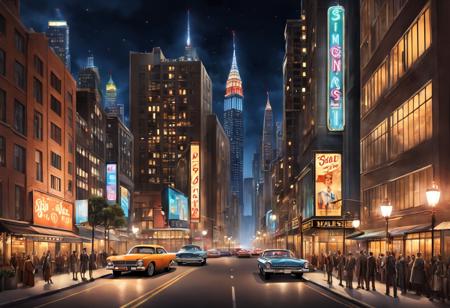 a 60s city street filled with lots of tall buildings, retro, night, city lights, a detailed matte painting by Richard Estes, featured on cgsociety, ashcan school, matte painting, matte drawing, cityscape