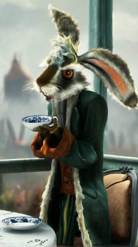 marsh hare posing on a balcony drinking tea