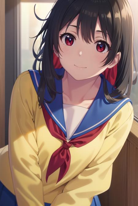 inarifushimi, <lora:inari fushimi s1-lora-nochekaiser:1>,
inari fushimi, long hair, black hair, (red eyes:1.3), smile,
BREAK skirt, school uniform, serafuku, blue sailor collar, shirt, (light yellow shirt:1.5), long sleeves, blue skirt, neckerchief, (red neckerchief:1.5),
BREAK indoors, classroom,
BREAK looking at viewer, (cowboy shot:1.5),
BREAK <lyco:GoodHands-beta2:1>, (masterpiece:1.2), best quality, high resolution, unity 8k wallpaper, (illustration:0.8), (beautiful detailed eyes:1.6), extremely detailed face, perfect lighting, extremely detailed CG, (perfect hands, perfect anatomy),