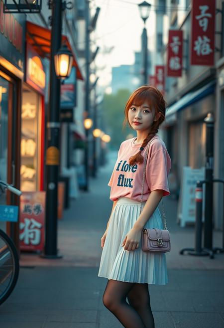 cinematic scenario, sunny, outdoors, on street, on a date, ultrarealistic, beautyfull scene, brooding, cozy lighting, early morning,
give me a image of a beauty woman((asian woman, korean woman, japanese, semi anime girl), cute girl, with red hair, yellow ringed eyes, braid hair an side bangs, pink shirt with a text"i love flux", white pleated skirt, black pantyhose, 7/8 pantyhose, egirl, white sneakers,little women's bag, chains, pink bag, pretty, girlfriend, kanojo