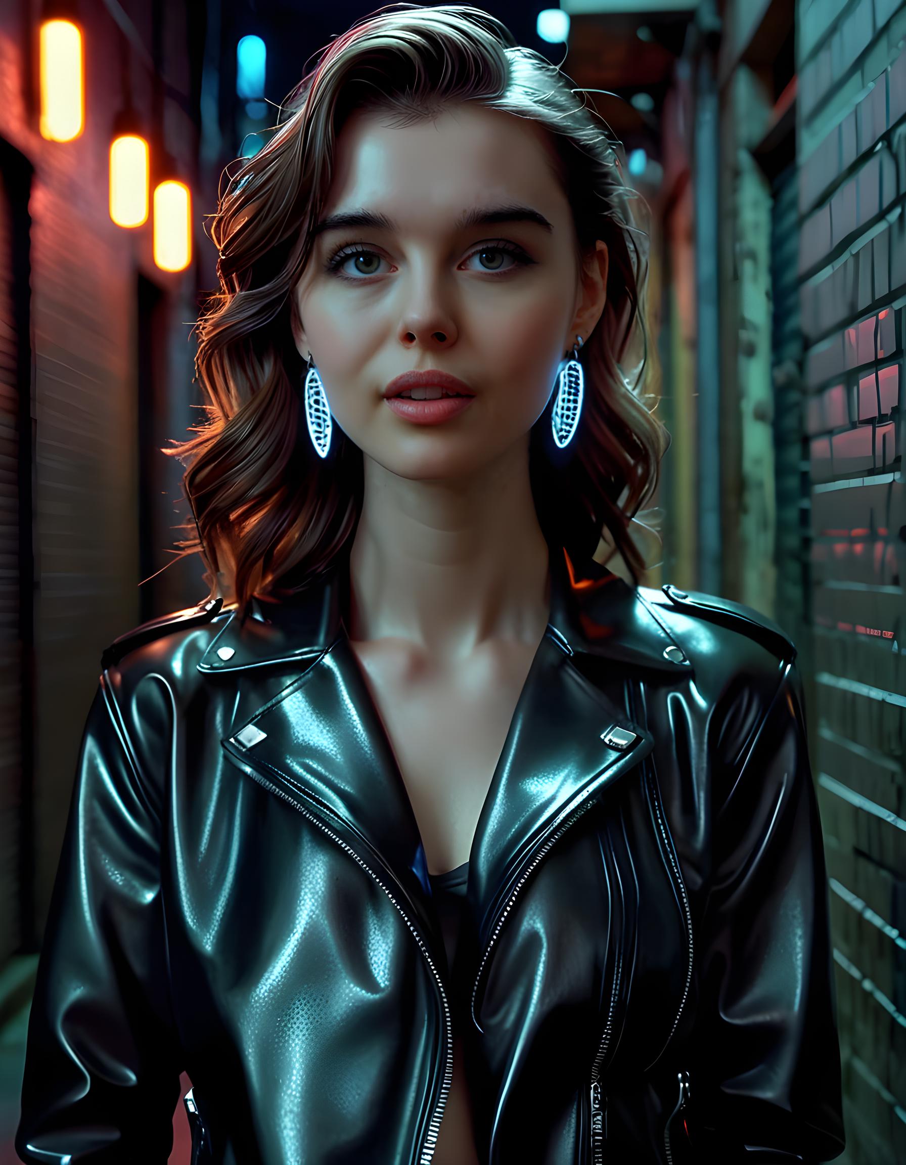 In a gritty, noir-inspired setting, the captivating CHR15T1N3B woman stands alone in an alleyway bathed in the soft glow of neon lights. Her eyes, as deep and mysterious as the night, are fixed on the viewer with a smoldering intensity, her parted lips subtly curled into a tantalizing smile. The intricate design of her unique, black latex outfit accentuates her toned figure, while a pair of large, glimmering silver earrings add an air of elegance to the edgy ensemble. Her hand rests casually on a worn leather jacket, creating a striking contrast with the sleek lines of her attire, as she exudes an undeniable allure that leaves the viewer both entranced and slightly unnerved.