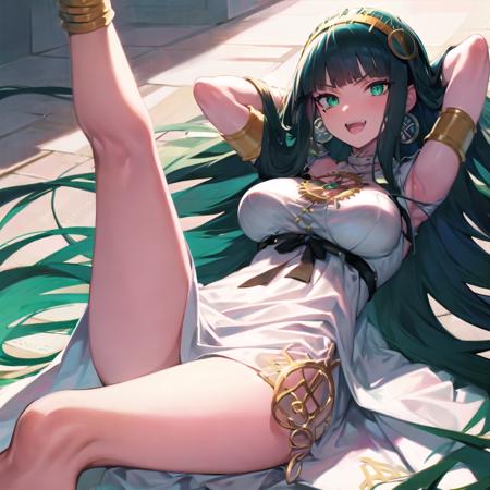 masterpiece, best quality, anime illustration, highly detailed, 2d, nice hands, (cleopatra_\(fate)\:1.3), fgocleo, egpytian style A very trendy and frequented place with footprints everywhere and wear on the floor, cleodress, white dress, cross-laced dress, open clothes, thighs, legs, 1girl, long hair, blunt bangs, bangs, green eyes, very long hair, green hair, hairband, jewelry, earrings, hoop earrings, breasts, medium breasts, awesome face, sitting, arms behind head, <lora:envybetterhandsLocon_beta2:0.6>