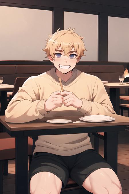 <lora:noyrv2:0.7> male focus, male only, restaurant, dimly lit restaurant, sitting at table, eating noodle soup, happy, muscular male, blonde hair, grey sweater, shorts