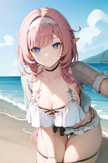 (Realistic painting style:0.9), masterpiece, best quality,  absurdres, elysia (summer miss elf) (honkai impact), slit pupils, elysia (honkai impact), elf, pointy ears, 1girl, solo, pink hair, long hair, swimsuit, blue eyes, breasts, looking at viewer, sky, outdoors, cleavage, bangs, smile, bikini, blue sky, closed mouth, beach, cloud, white bikini, jacket, cloudy sky, ocean, large breasts, hairband, day, pink pupils  <lora:elysia_1024_Lion_dim128_kohyaLoRA_fp32_1e-1noise_token2_24-3-2023:1>