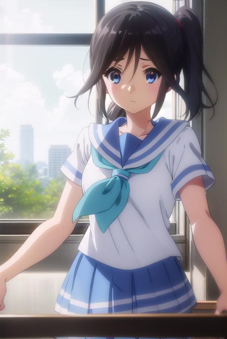 nozomikasaki, <lora:nozomi kasaki s2-lora-nochekaiser:1>,
nozomi kasaki, kasaki nozomi, long hair, blue eyes, black hair, ponytail, hair between eyes,
BREAK skirt, shirt, school uniform, white shirt, short sleeves, pleated skirt, serafuku, sailor collar, blue skirt, neckerchief, blue sailor collar, school bag, blue neckerchief, kitauji high school uniform,
BREAK indoors, classroom,
BREAK looking at viewer, (cowboy shot:1.5),
BREAK <lyco:GoodHands-beta2:1>, (masterpiece:1.2), best quality, high resolution, unity 8k wallpaper, (illustration:0.8), (beautiful detailed eyes:1.6), extremely detailed face, perfect lighting, extremely detailed CG, (perfect hands, perfect anatomy),