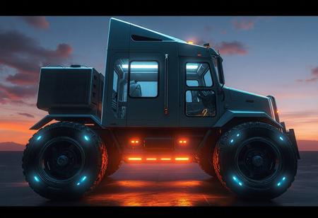 1 vehicle, 
cyberpunk semi-truck. Oversized wheels. Large cabin with big windows.
View from above.