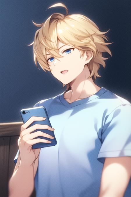 <lora:gbf_Romeo18:0.55>Romeo,solo,male,blonde hair,medium hair,short hair,blue eyes,open mouth,simple t-shirt,looking at another,talking,holding phone