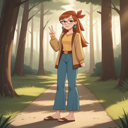 bandana, auburn hair, glasses, freckles, lips, peace symbol earrings, long sleeves, mini-jacket, long jeans, flip flops, total drama, miles_(\total_drama\), belt, black eyes