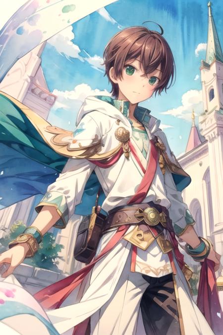 masterpiece, best quality, , 1boy, solo, male focus, looking at viewer, , , (watercolor illustration, soft pastel colors:1.1), , <lora:shinya_momotsuki:0.66>, shinya_momotsuki, brown hair, green eyes, , Xanadu: A magical kingdom ruled by a wise and benevolent queen,