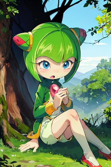 1girl, cosmotheseedrian, blue eyes, short hair, green hair, cone hair bun, shirt, short shorts, embarrassed, sitting, forest <lora:cosmo:1>