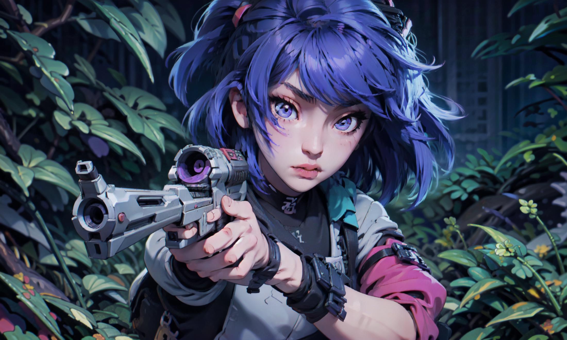 Blue haired girl holding a gun in a jungle setting.