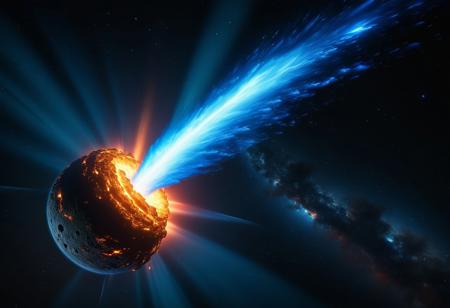 A Comet engulfed in blue flame streaking through space, highly dynamic, Unreal Engine 5 style, highly detailed, Chee Kin Chan, Ben Brudenell, L.A. Noire Style, highly detailed, Vibrant Tones, Happy, Joy, Fun, Epic 3D Videogame Graphics, Intricately Detailed, 8K Resolution, Dynamic Lighting, Unreal Engine 5, CryEngine, Trending on ArtStation, HDR, 3D Masterpiece, Unity Render, Perfect Composition