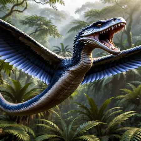 highly detailed portrait photo of a (vringalu):1.2 flying above a dense jungle,

vrinaglue, wings, feathers, teeth, sharp teeth, fangs, snake body,

through a lush jungle,

depth of field:1.2, blurry, blurry background,
realistic:1.3,

photorealistic,
fantasy, cinematic,
32k, best quality, 
god rays:1.2,
dappled sunlight:1.1,
shadow play:1.1,




