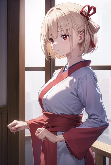 chisatonishikigi, <lora:chisatonishikigi-lora-nochekaiser:1>, 
nishikigi chisato, short hair, bangs, blonde hair, (red eyes:1.5), hair ribbon, one side up, bob cut, <lora:smirkingeye_v100:1>, <lora:smirkingmouth_v100:1>
BREAK japanese clothes, kimono, apron, red ribbon, waitress, red kimono,
BREAK indoors, cafe,
BREAK looking at viewer, (cowboy shot:1.5),
BREAK <lyco:GoodHands-beta2:1>, (masterpiece:1.2), best quality, high resolution, unity 8k wallpaper, (illustration:0.8), (beautiful detailed eyes:1.6), extremely detailed face, perfect lighting, extremely detailed CG, (perfect hands, perfect anatomy),