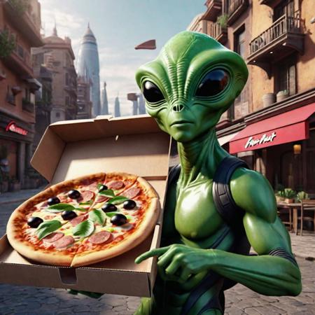 Create an alien pizza delivery boy, pizza bag, pizza hut and an alien city environment.,masterpiece,8k hd ,dynamic pose