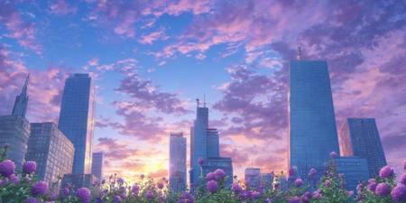 no humans, cloud, scenery, building, sky, outdoors, city, skyscraper, flower, cloudy sky, cityscape, purple flower, sunset, blue sky