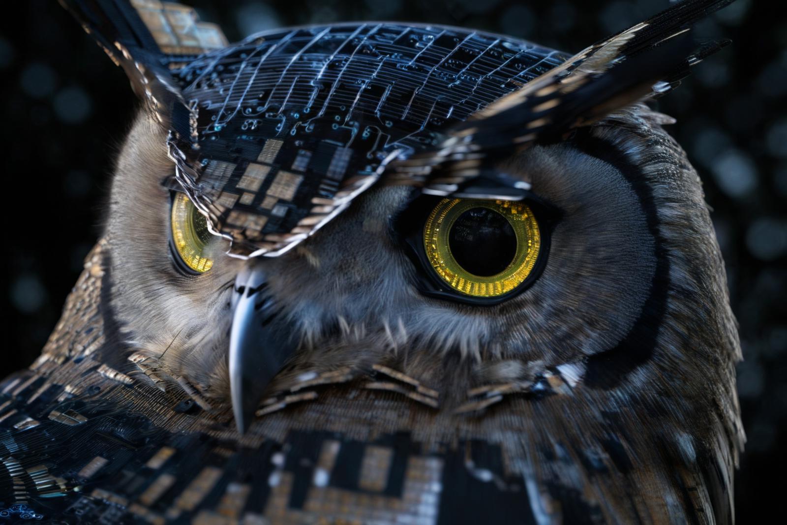 An owl with yellow eyes and a metal helmet on its head.
