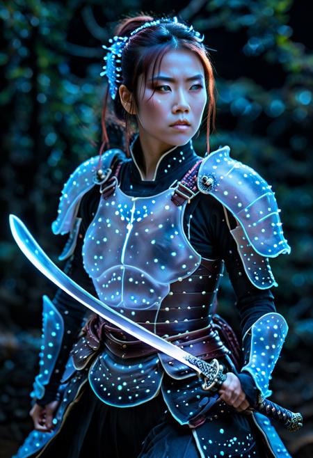 Ultrarealistic. A beautiful female samurai warrior wearing an armor made of bioluminescent organisms. Katana in hand. Cowboy shot. Make up.