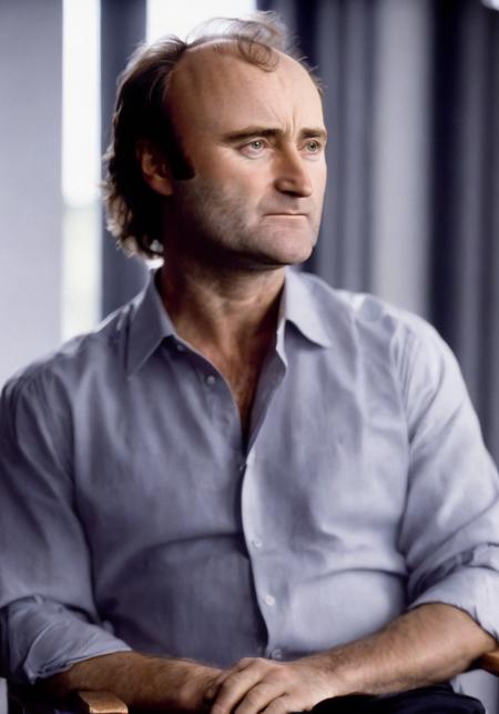 Phil Collins, (sharp focus:1.2), portrait of a man 1980s, (handsome:1.1), detailed facial features, wearing (casual clothing:1.2), sitting in a (comfortable chair:1.2), with (natural lighting:1.2) coming through the window, (depth of field:1.2), (bokeh:1.2), 4K, HDR. by (Annie Leibovitz:1.2|Ellen von Unwerth:1.1)