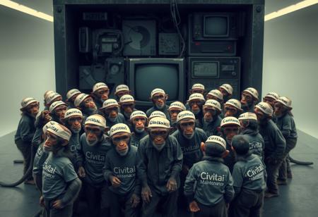 A hundred confused monkeys standing a round a large broken computer wearing shirts and hats that say "Civitai Maintenance"
