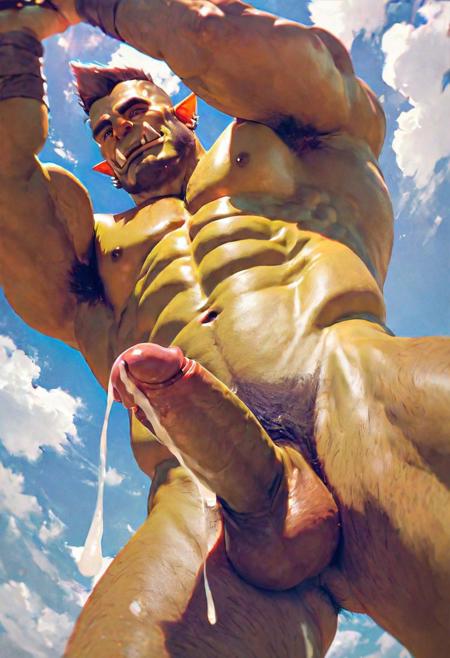 score_9, score_8_up, score_7_up, photo, realistic, solo, male focus, mature male, manly, muscular, orc, green skin, from below, bottom view, bottom pov, orc towering over the viewer, erect penis, dripping cum, penis in focus, orc grabbing the viewer with his hands, clouds <lora:Digital Art Style SDXL_LoRA_Pony Diffusion V6 XL:1>