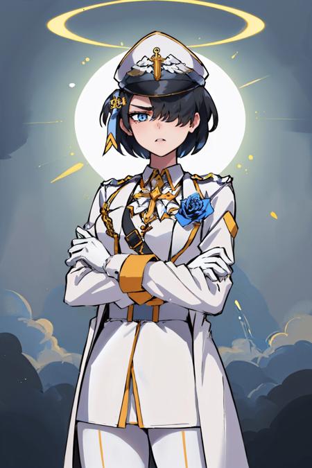 (masterpiece, best quality:1.2), solo, 1girl, htarchangel, serious, looking at viewer, crossed arms, hair over one eye, military hat, halo, military uniform, cross, flower, white gloves, white pants <lora:helltaker_archangel:1.0>